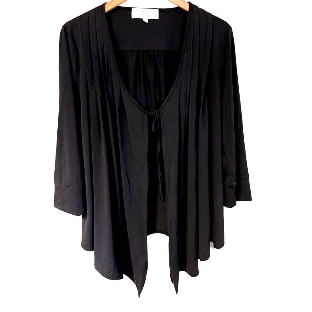 Elizabeth and James Cardigan Jacket Large Open Front Black Tie Trapeze Hem Drape